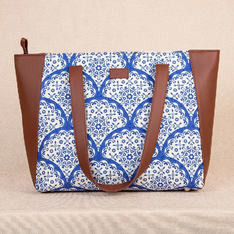 Floral Blue Pottery Side Tote Bag