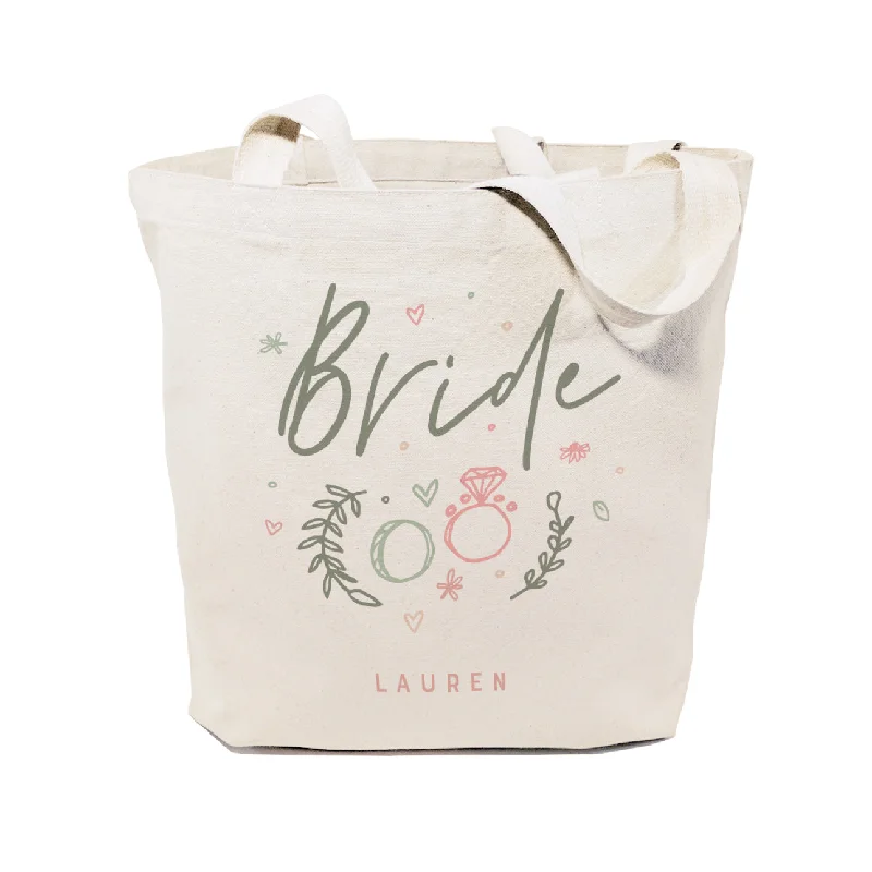 Floral Personalized Name Bride Wedding Cotton Canvas Tote Bag