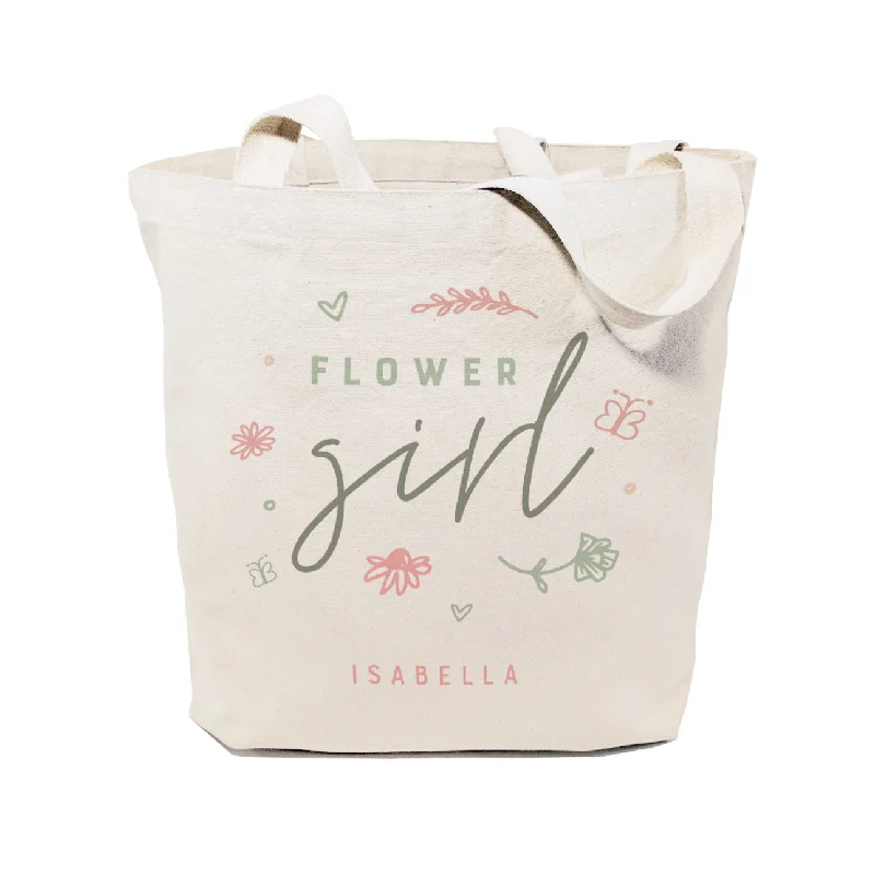 Floral Personalized Name Flower Girl Wedding Cotton Canvas Tote Bag