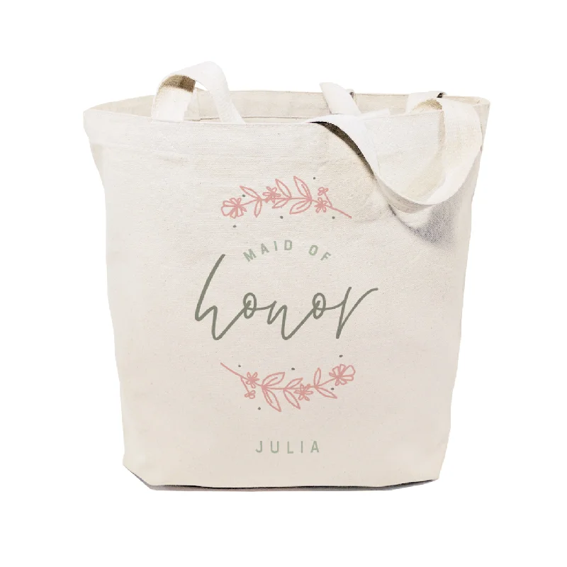 Floral Personalized Name Maid of Honor Wedding Cotton Canvas Tote Bag