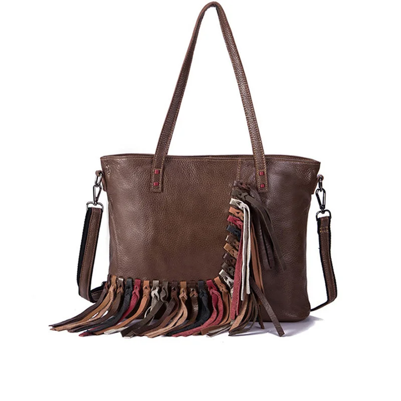 Women's Hobo Leather Fringe Handbags Purse Tote Bag With Zipper for Women