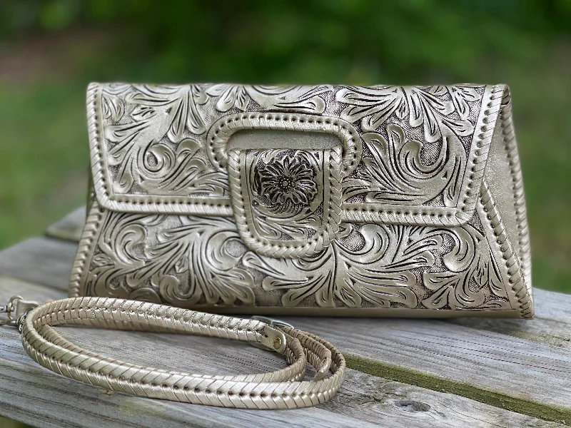 Hand-Tooled Leather Large Crossbody Clutch "LENGUETA" by ALLE