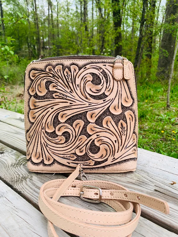 Hand-Tooled Leather Large Crossbody "CATALINA" by ALLE more Colors