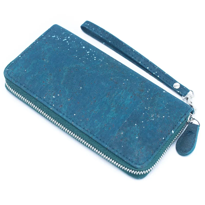 Blue mixed with silver accents women cork card wallet with hand strap BAG-2205