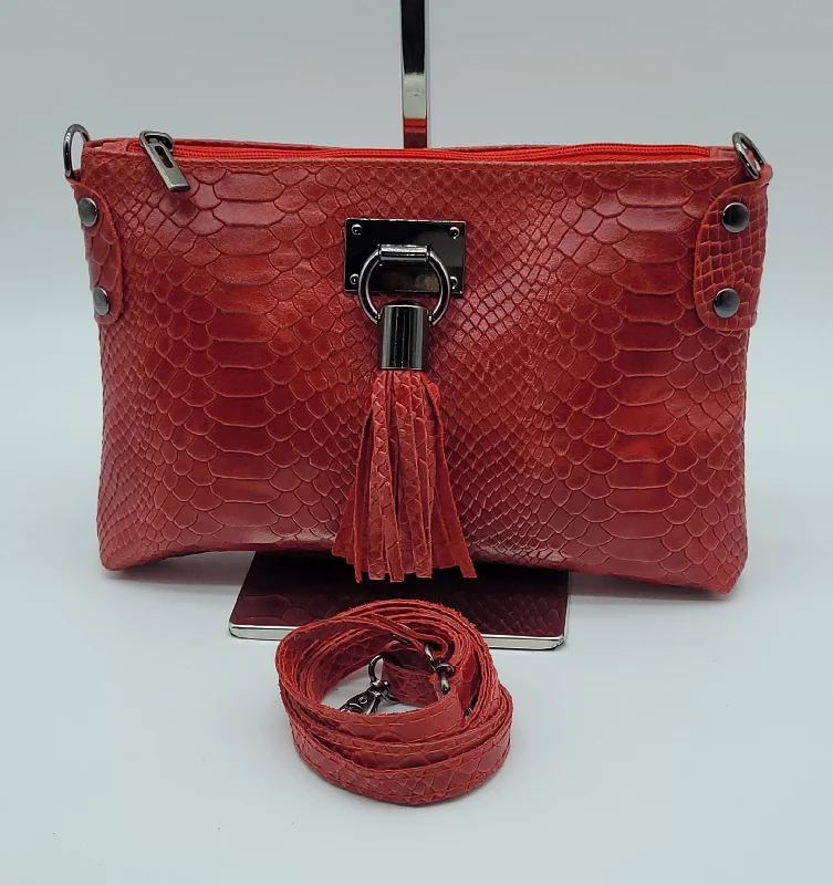 Snake Embossed Genuine Leather Crossbody Handbag - Dark Red – Made In Italy