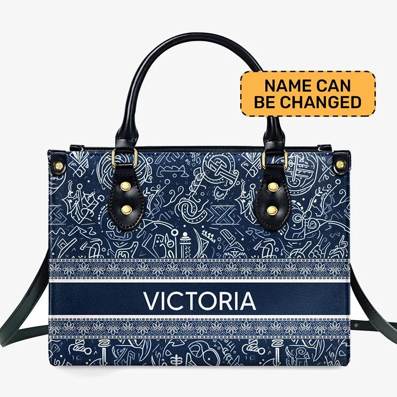 Custom Name Leather Handbag for Women Navy African Culture Graffiti Tote