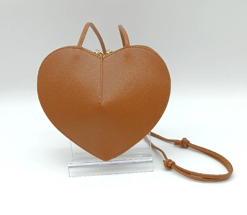 Genuine Saffiano Leather Heart Crossbody Handbag – Made In Italy - Cognac Brown