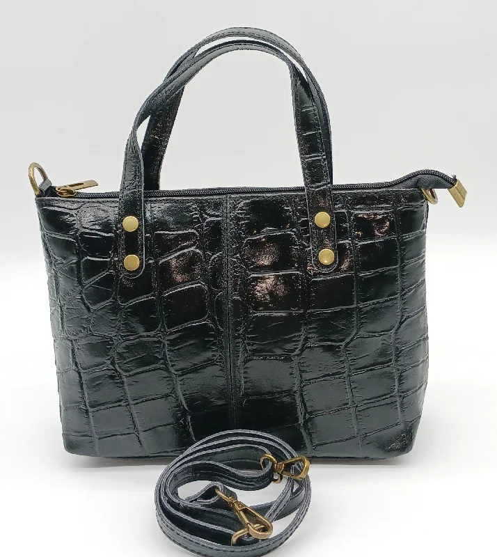 Genuine Croc Embossed Leather Handbag Satchel - Black – Made In Italy