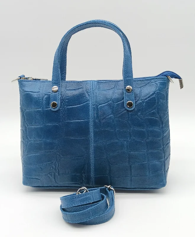 Genuine Croc Embossed Leather Handbag Satchel - Blue Jeans – Made In Italy