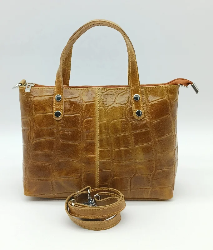 Genuine Croc Embossed Leather Handbag Satchel - Cognac Brown – Made In Italy