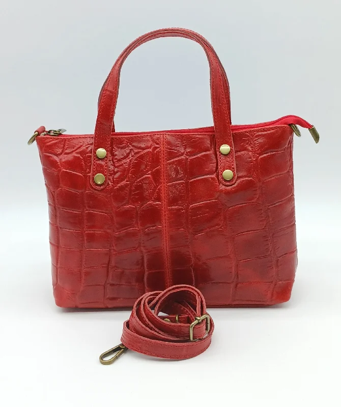 Genuine Croc Embossed Leather Handbag Satchel - Red – Made In Italy