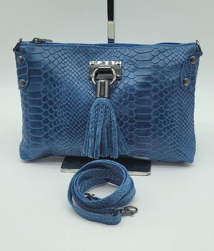 Snake Embossed Genuine Leather Crossbody Handbag - Blue – Made In Italy