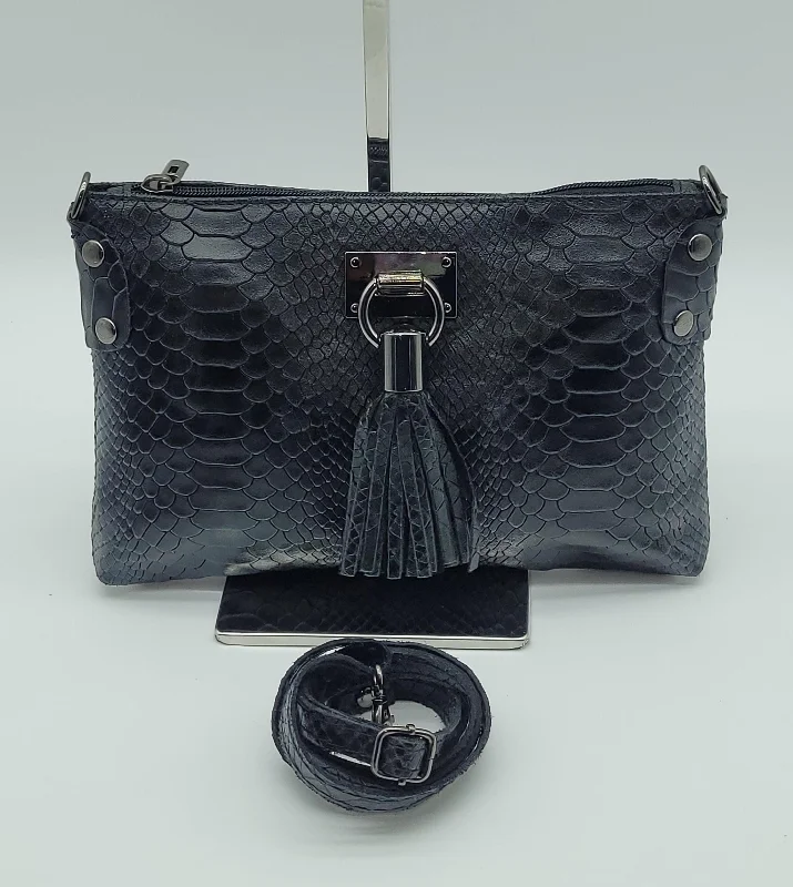 Snake Embossed Genuine Leather Crossbody Handbag - Black – Made In Italy