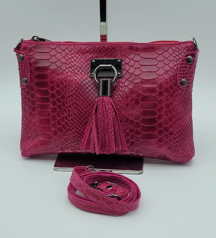 Snake Embossed Genuine Leather Crossbody Handbag - Fuchsia – Made In Italy