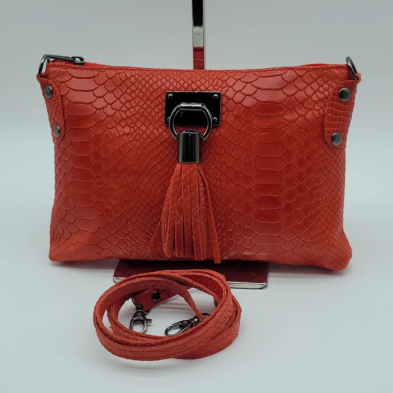 Snake Embossed Genuine Leather Crossbody Handbag - Bright Red – Made In Italy