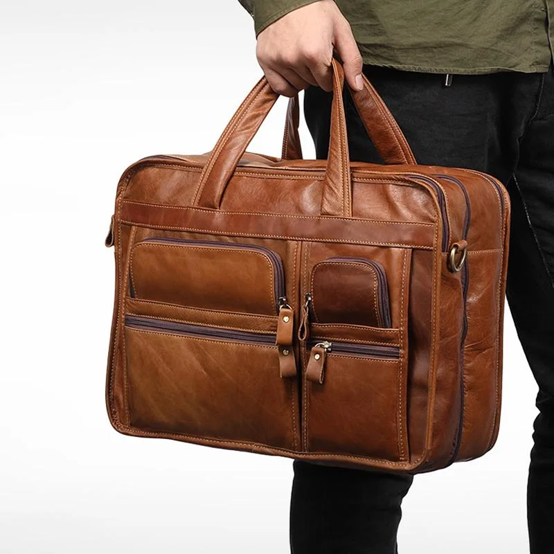 Men's Genuine Leather Briefcase 15.6" Business Laptop Bag with Crossbody Strap