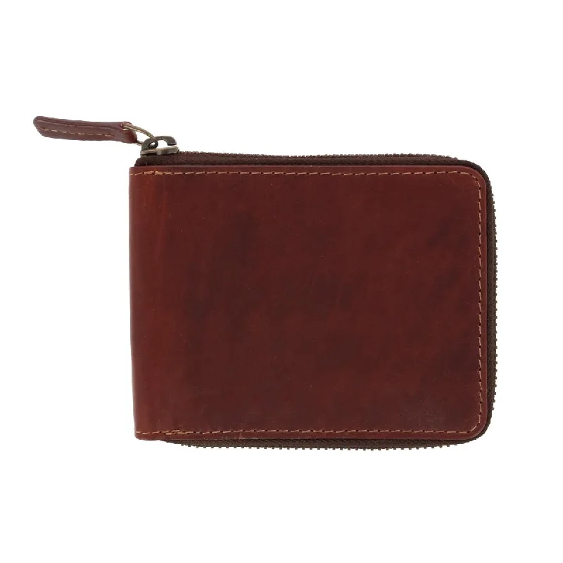 Men's Oil Pull Up Leather Zip Around Wallet with Center Flap