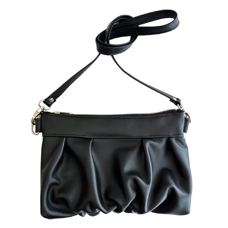 Ruche Clutch Crossbody in Black Smooth, RTS