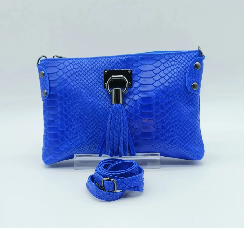 Snake Embossed Genuine Leather Crossbody Handbag - Electric Blue – Made In Italy