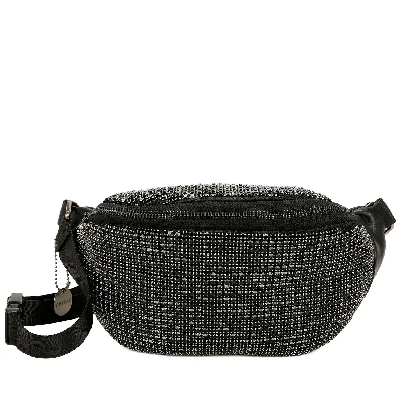 Tatiana Vegan Leather Faux Black Diamond Studs Belt Bum Bag - Black