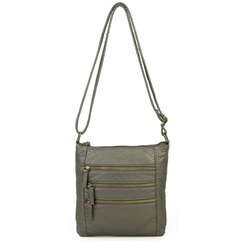 The Camile Three Zip Crossbody - Dark Silver Metallic