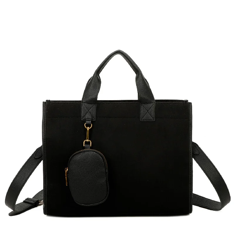 Tiara Vegan Leather Adjustable Strap and mini-bag Suede Tote - Black