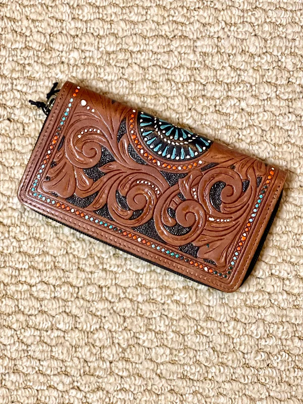 Turquoise Sun Tooled Leather Wallet